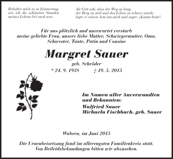 Todesanzeige von Margret Sauer von HNA