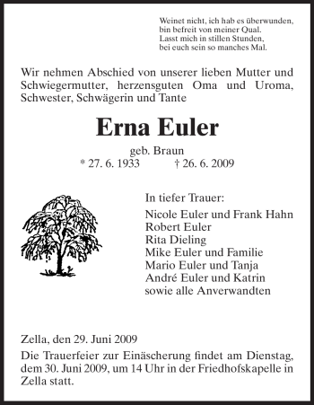 Todesanzeige von Erna Euler von HNA