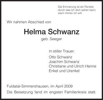 Todesanzeige von Helma Schwanz von HNA