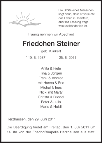 Todesanzeige von Friedchen Steiner von HNA