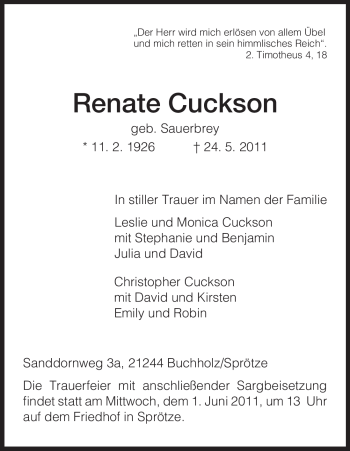 Todesanzeige von Renate Cuckson von HNA