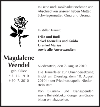 Todesanzeige von Magdalene Wendel von HNA