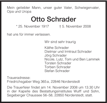 Todesanzeige von Otto Schrader von HNA