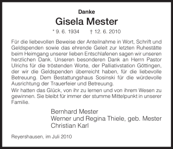 Todesanzeige von Gisela Mester von HNA