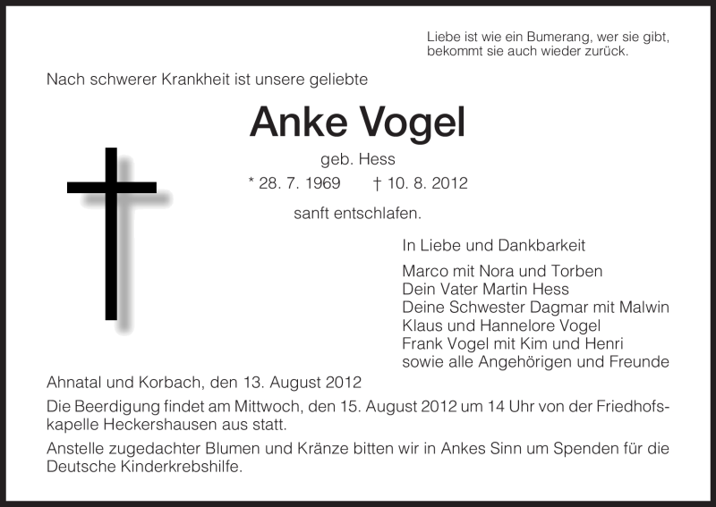  Traueranzeige für Anke Vogel vom 13.08.2012 aus HNA