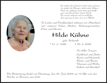 Todesanzeige von Hilde Kühne von HNA