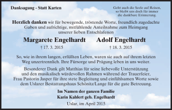 Todesanzeige von Margarete und Adolf Engelhardt von HNA