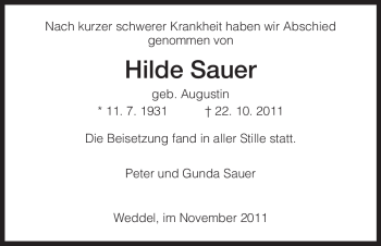 Todesanzeige von Hilde Sauer von HNA