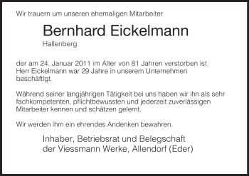 Todesanzeige von Bernhard Eickelmann von HNA