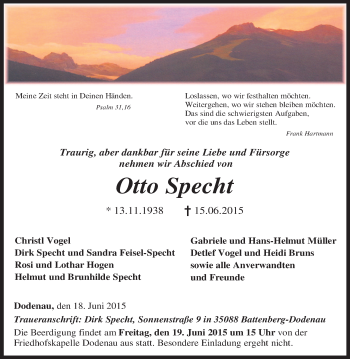 Todesanzeige von Otto Specht von HNA