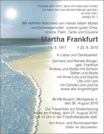 Todesanzeige von Martha Frankfurt von HNA
