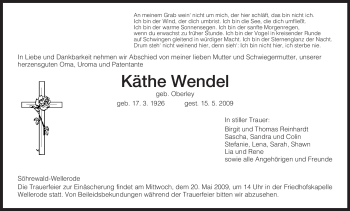 Todesanzeige von Käthe Wendel von HNA