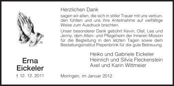 Todesanzeige von Erna Eickeler von HNA