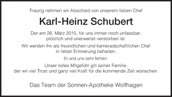 Todesanzeige von Karl-Heinz Schubert von HNA