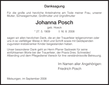 Todesanzeige von Johanna Posch von HNA