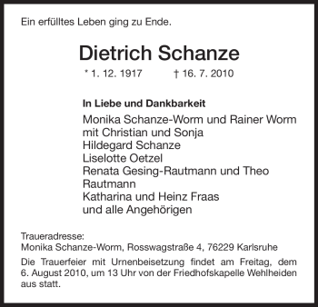 Todesanzeige von Dietrich Schanze von HNA