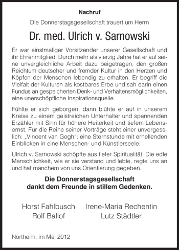 Todesanzeige von Ulrich v. Sarnowski von HNA
