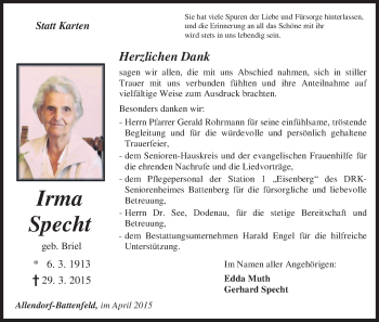 Todesanzeige von Irma Specht von HNA
