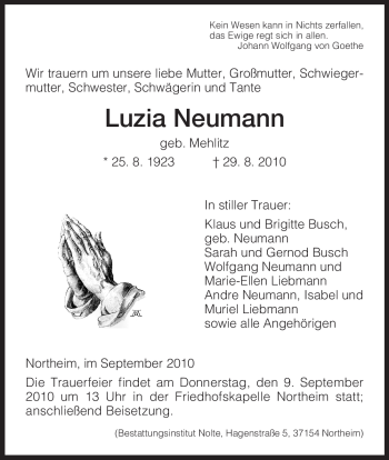 Todesanzeige von Luzia Neumann von HNA