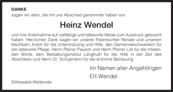 Todesanzeige von Heinz Wendel von HNA