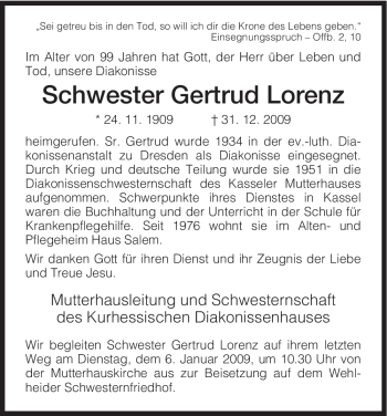 Todesanzeige von Gertrud Lorenz von HNA