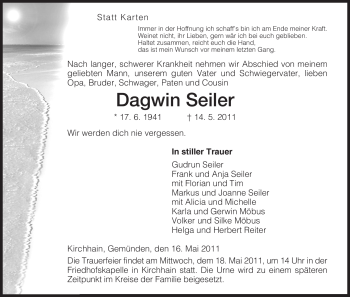 Todesanzeige von Dagwin Seiler von HNA