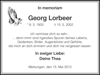 Todesanzeige von Georg Lorbeer von HNA