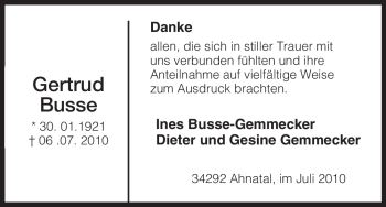 Todesanzeige von Gertrud Busse von HNA