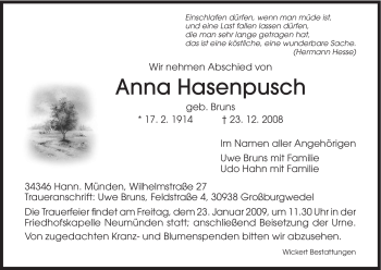Todesanzeige von Anna Hasenpusch von HNA