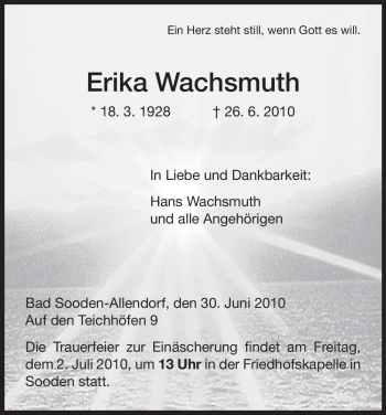 Todesanzeige von Erika Wachsmuth von HNA