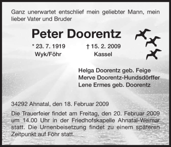 Todesanzeige von Peter Doorentz von HNA