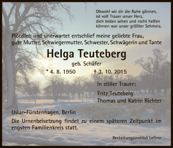 Todesanzeige von Helga Teuteberg von HNA