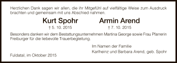Todesanzeige von Kurt Spohr Armin Arend von HNA