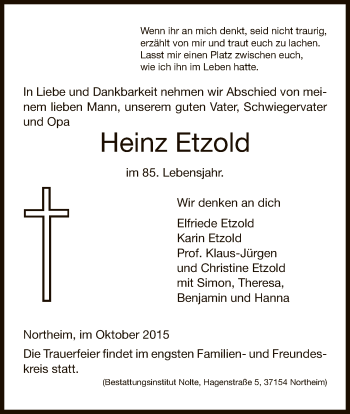 Todesanzeige von Heinz Etzold von HNA