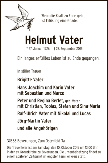 Todesanzeige von Helmut Vater von HNA