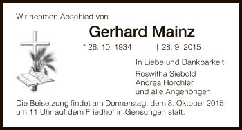Todesanzeige von Gerhard Mainz von HNA