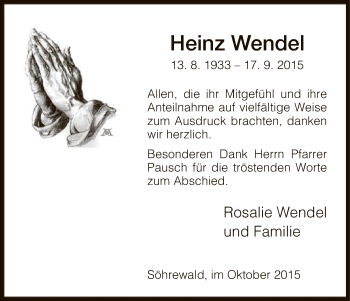 Todesanzeige von Heinz Wendel von HNA