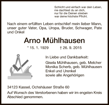 Todesanzeige von Arno Mühlhausen von HNA