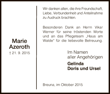 Todesanzeige von Marie Azeroth von HNA