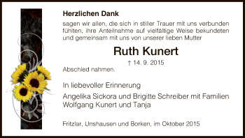 Todesanzeige von Ruth Kunert von HNA