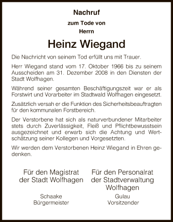 Todesanzeige von Heinz Wiegand von HNA