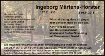 Todesanzeige von Ingeborg Märtens-Hörster von HNA