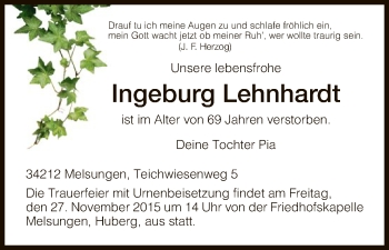 Todesanzeige von Ingeburg Lehnhardt von HNA