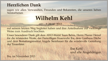 Todesanzeige von Wilhelm Kehl von HNA