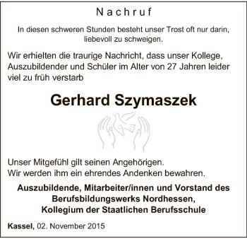Todesanzeige von Gerhard Szymaszek von HNA