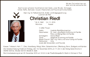 Todesanzeige von Christian Riedl von HNA