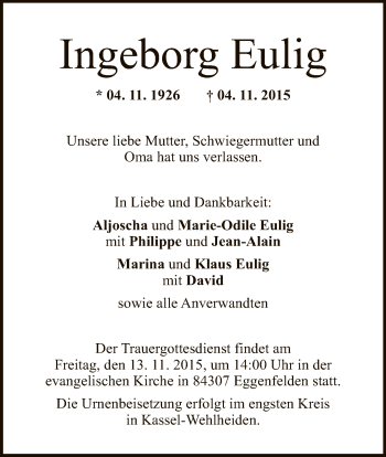 Todesanzeige von Ingeborg Eulig von HNA