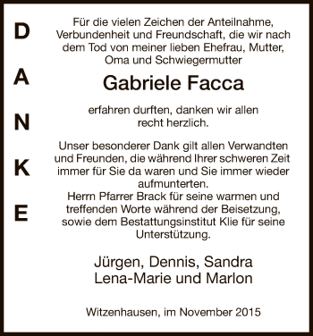 Todesanzeige von Gabriele Facca von HNA