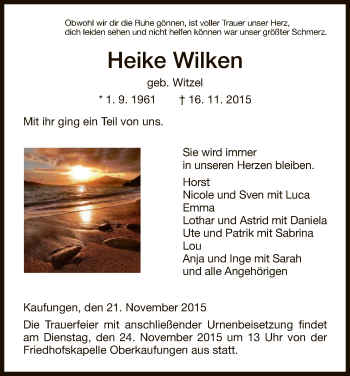 Todesanzeige von Heike Wilken von HNA