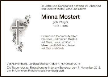 Todesanzeige von Minna Mostert von HNA